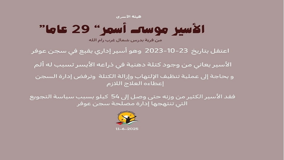  إدارة سجن عوفر ترفض علاج الأسير موسى أسمر من قرية بدرس شمال غرب رام الله 
