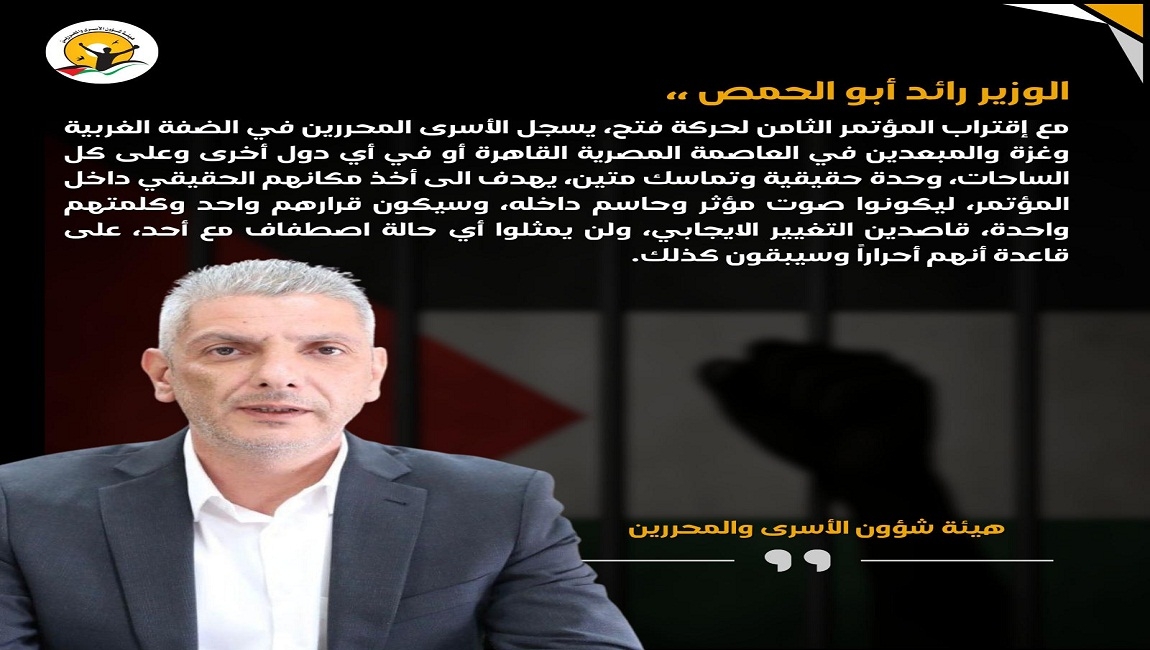 ​الوزير رائد أبو الحمص: الأسرى المحررون صوت واحد ومؤثر في المؤتمر الثامن لحركة فتح. 