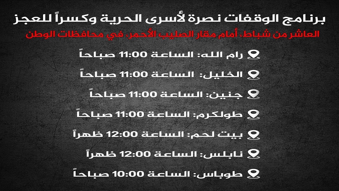  مؤسسات الأسرى والقوى يعلنان عن مواعيد الوقفات أمام مقار اللجنة الدولية للصليب الأحمر في مختلف المحافظات