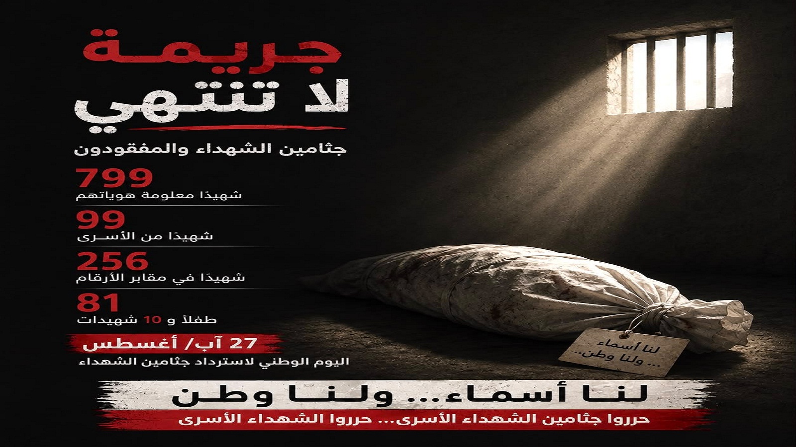عشية اليوم الوطني لاسترداد جثامين الشهداء (27 آب/ أغسطس): حرروا جثامين الشهداء الأسرى... حرروا الشهداء الأسرى 